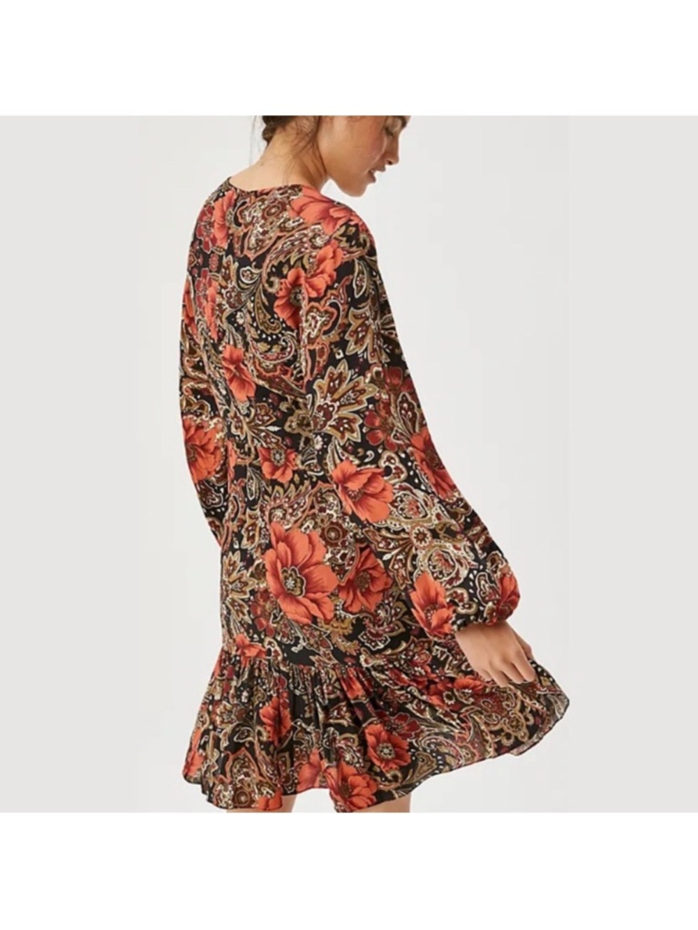 Anthro ATSU Tenley Black Floral Ruffle Dress Size 14 - Picture 9 of 12